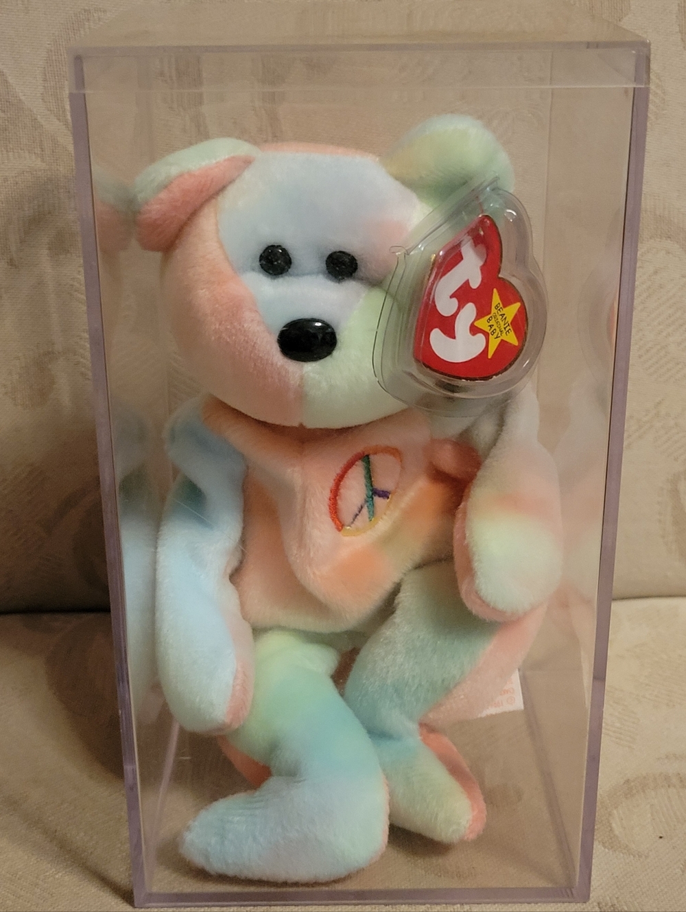 Ty Pastel Tie-Dye Peace Bear Multicolor Plush With Tag Protector & Display Case